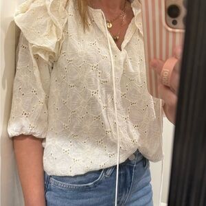Embroidered Eyelet Cream Blouse with Ruffle Shoulder